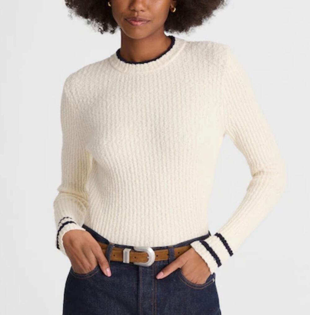 Madewell Bouclé Knit Crewneck Sweater Ivory Navy Stripe Ribbed Cotton Blend S